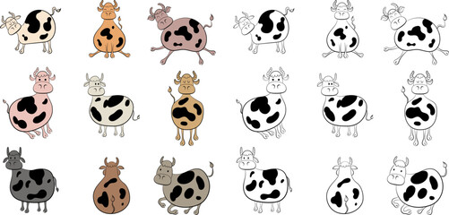 Set of farm animals set. Children's illustration of cow poses. Cute designs doodle style collection.