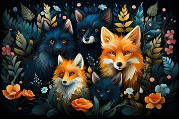 Cute foxes in the forest. Vector illustration of wild animals, pattern background