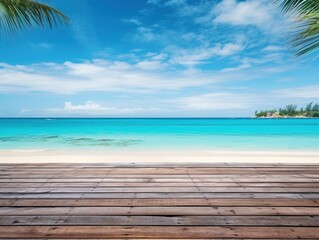 Fototapeta premium Beautiful summer tropical beach landscape, wooden pier, turquoise sea water, Generative AI