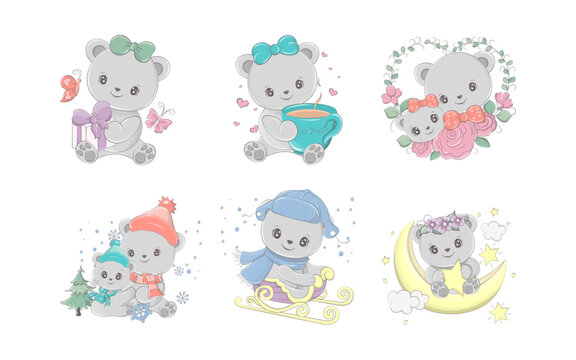 Set of Cartoon Isolated Bear. Collection of Cute Vector Cartoon Animal Illustrations for Stickers