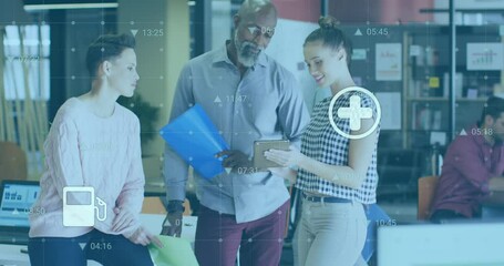 Animation of icons, changing numbers over diverse coworkers discussing report on digital tablet - Powered by Adobe