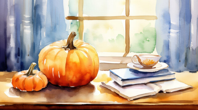 Watercolor painting of a pumpkin in a antique study