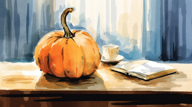 Watercolor painting of a pumpkin in a modern study
