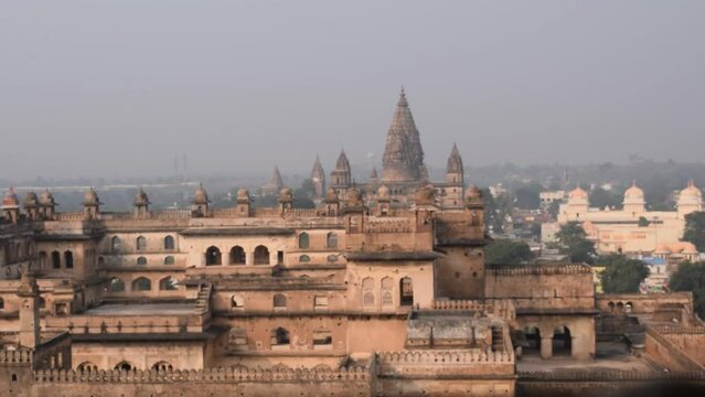Beautiful view of Orchha Palace Fort, Raja Mahal and chaturbhuj temple from jahangir mahal, Orchha, Madhya Pradesh, Jahangir Mahal (Orchha Fort) in Orchha, Madhya Pradesh, Indian archaeological sites