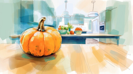 Watercolor painting of a pumpkin in a modern kitchen
