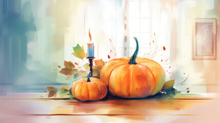 Watercolor painting of a pumpkin in a antique kitchen