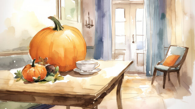 Watercolor painting of a pumpkin in a antique dining room