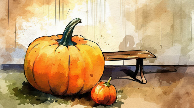 Watercolor painting of a pumpkin in a antique basement