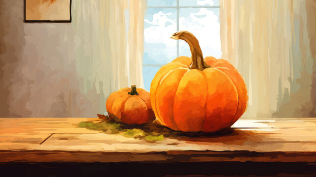Watercolor painting of a pumpkin in a antique basement