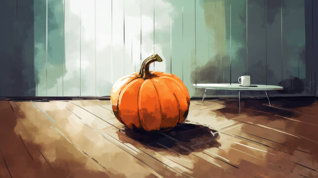 Watercolor painting of a pumpkin in a modern basement