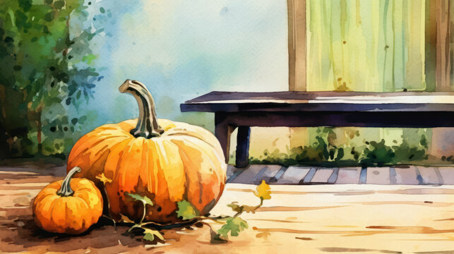 Watercolor painting of a pumpkin in a antique back yard