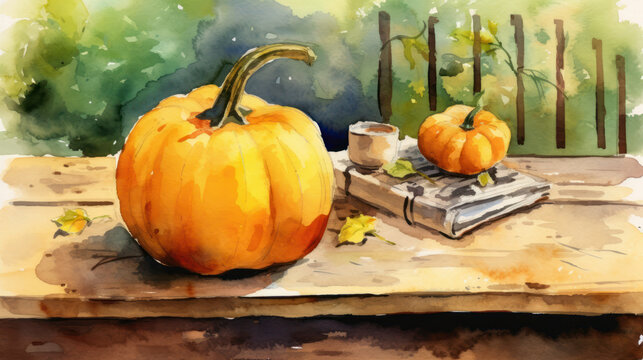 Watercolor painting of a pumpkin in a antique back yard