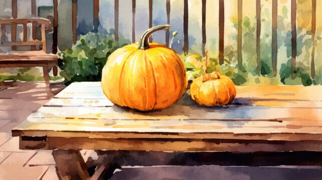 Watercolor painting of a pumpkin in a modern back yard