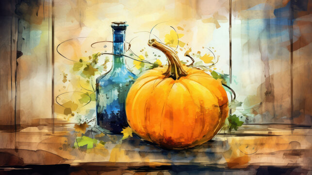 Watercolor painting of a pumpkin in a antique cellar