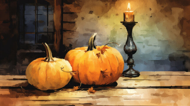Watercolor painting of a pumpkin in a antique cellar