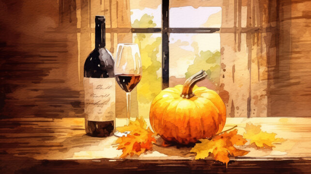 Watercolor painting of a pumpkin in a modern cellar