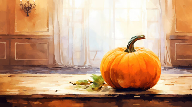 Watercolor painting of a pumpkin in a antique hall