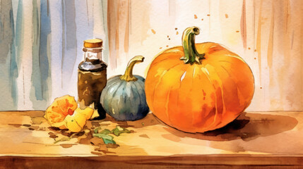 Watercolor painting of a pumpkin in a antique pantry