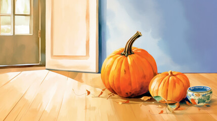 Watercolor painting of a pumpkin in a antique pantry