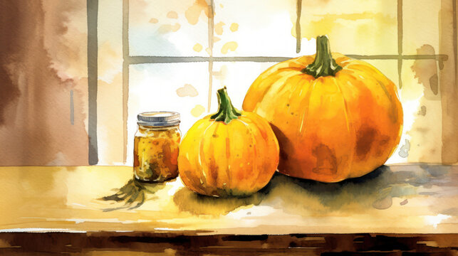 Watercolor painting of a pumpkin in a modern pantry