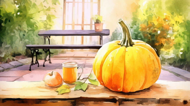 Watercolor painting of a pumpkin in a antique patio