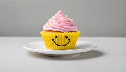 Yellow smile face cup cake on gray background.