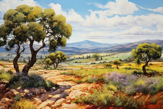 Colorful painting of an old olive landscape in Andalusia, Spain. Generative AI