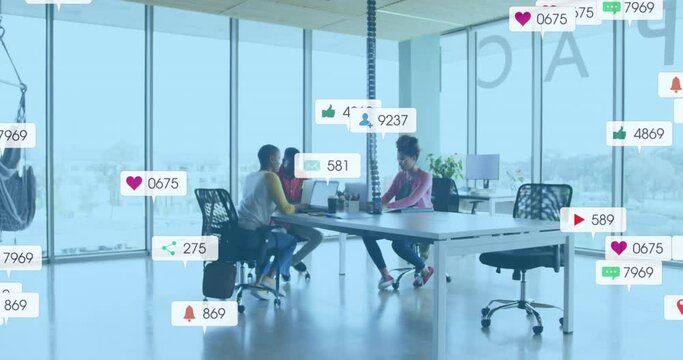 Animation of notification bars over diverse coworkers discussing reports in meeting