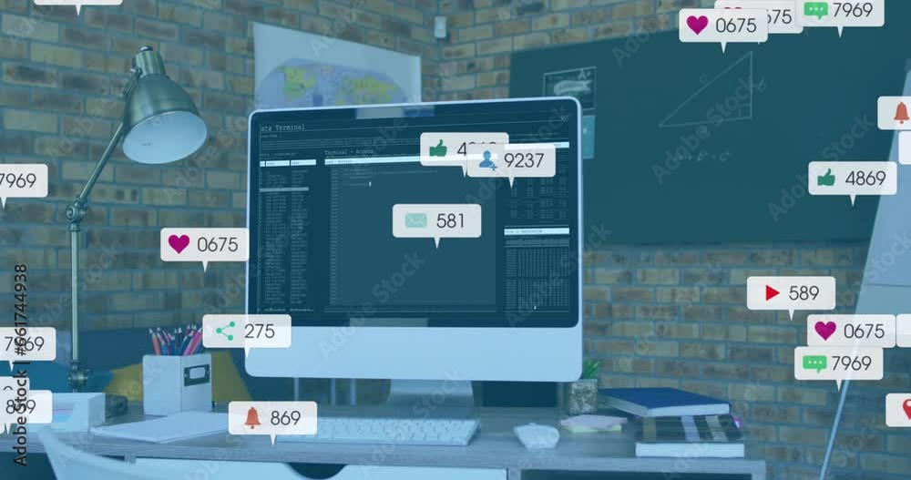 Poster animation of multiple notification bars over programming language on computer in office