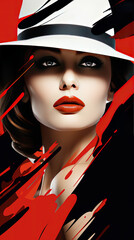 Old Fashioned Pretty Young Girl Portrait With Hat and Dark Red Lips Graphic Sketch Painting Background
