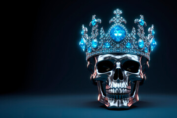 A shiny glamorous skull in a crown of rock crystal. Black background. 