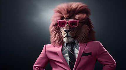stylish lion wearing stylish glasses in pink suit and black tie on dark background