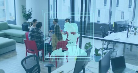 Animation of digital profile icons over diverse coworkers sharing ideas in office - Powered by Adobe