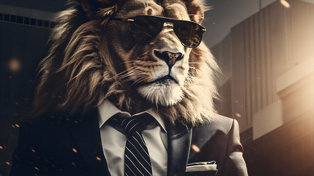 lion wearing black sunglasses and a blue suit with a tie on cinematic background