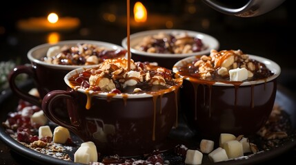 hot chocolate being poured into mugs with marshmallows