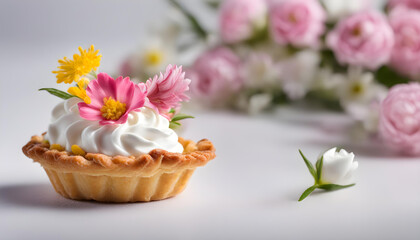 one Tartlet cake with whipped cream flower isolated on rose flowers background.