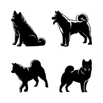 set of akita dog silhouettes on isolated background