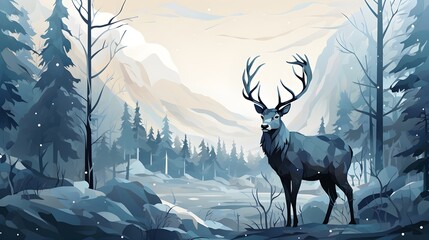 deer in winter forest - obrazy, fototapety, plakaty