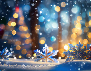 Fototapeta na wymiar Winter's Enchantment Snowflakes & Radiant Bokeh