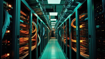 Close-up shot of networking cable management located in the server room