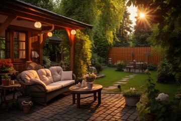 Obraz premium A small courtyard surrounded by greenery, simple patio furniture.