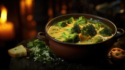 Cream of Broccoli and cheddar soup with bread vegetarian dish - obrazy, fototapety, plakaty