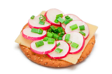 Crispy Cracker Sandwich with Radish, Cheese and Green Onions - Isolated on White. Easy Breakfast. Quick and Healthy Sandwiches. Crispbread with Tasty Filling. Healthy Dietary Snack - Isolation