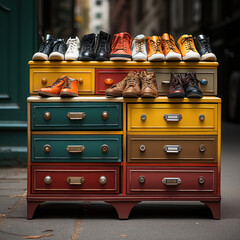 a dresser full of shoes 
