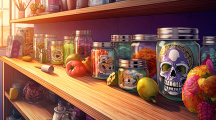 Watercolor painting of a sugar skull or Catrina in a modern pantry