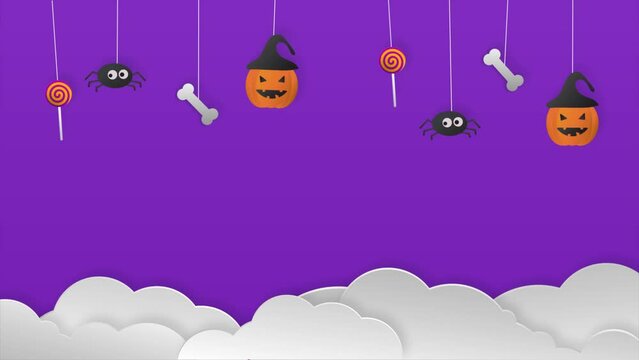 Happy Halloween background with clouds, bats and pumpkins in paper cut style. 4K animation 