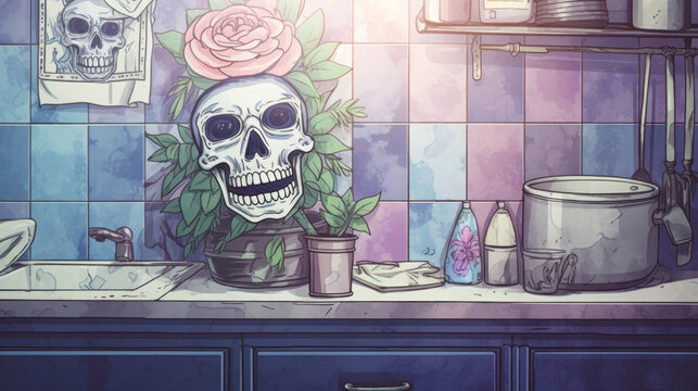 Watercolor painting of a sugar skull or Catrina in a antique laundry room