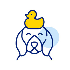 Dog with yellow rubber duck on its head. Enjoying pet spa. Pixel perfect, editable stroke icon