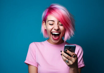 Happy young woman with colored hair and a smartphone