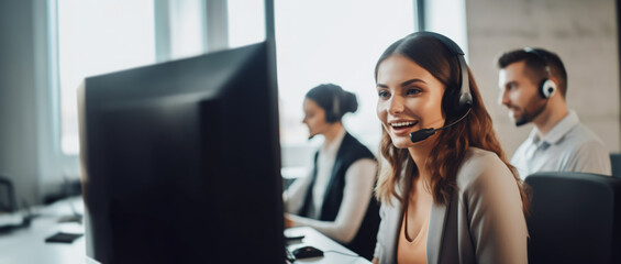 Female customer support, telemarketing and callcenter employee with headset talking on the phone. With copy space - obrazy, fototapety, plakaty